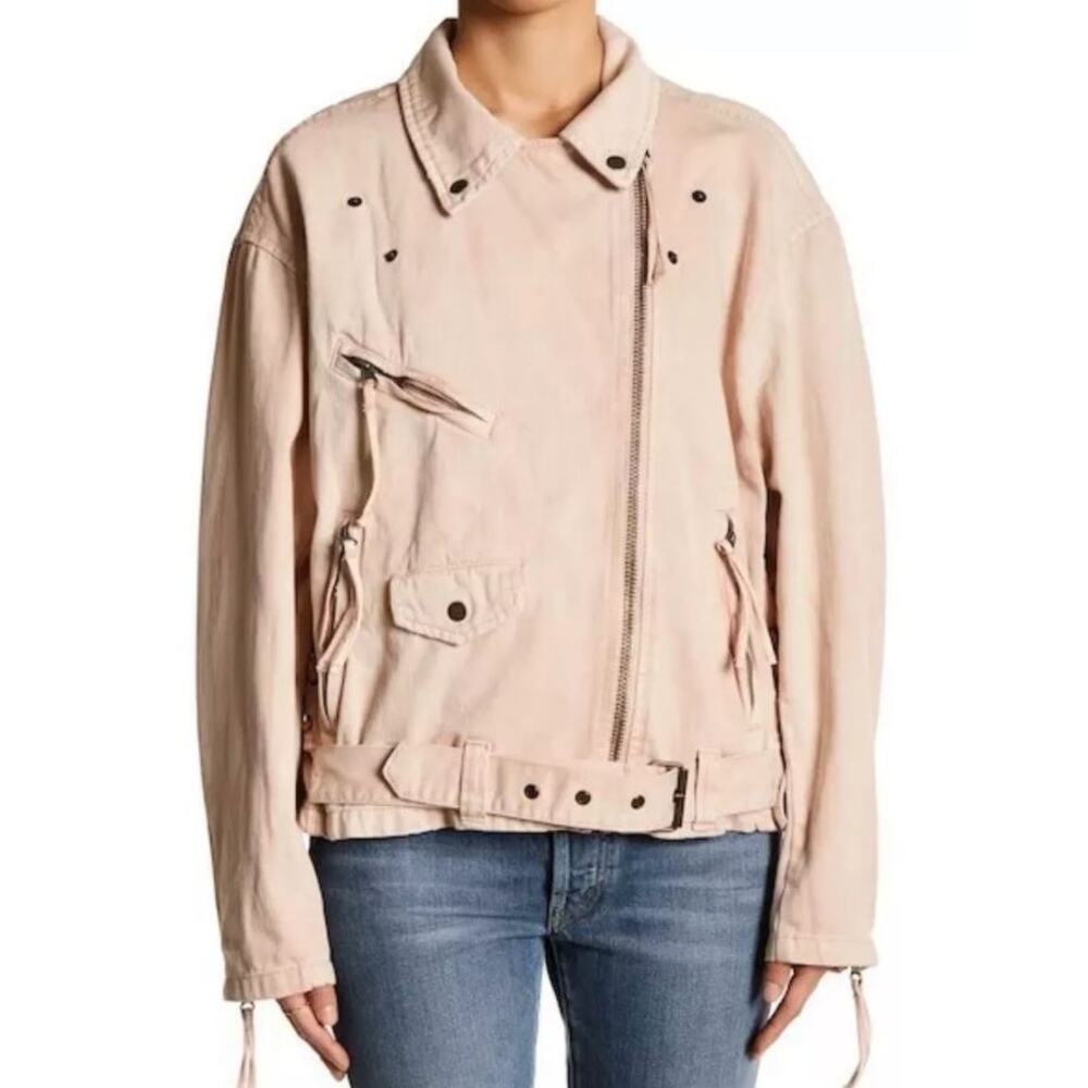 Free People Oversized Moto Denim Jacket Rose Pink Women's Size Medium